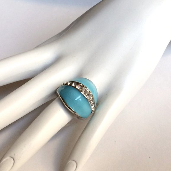 Aqua Blue Enamel Dome Cocktail Ring Size 6 7 Art Deco Crystal Silver Plated - Picture 2 of 7